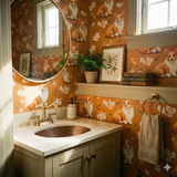 Marmalade Mornings wallpaper with orange background, featuring a corgi and daisy pattern.
