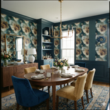 Floral ivory wallpaper with colorful blossoms, displayed in a dining room setting.