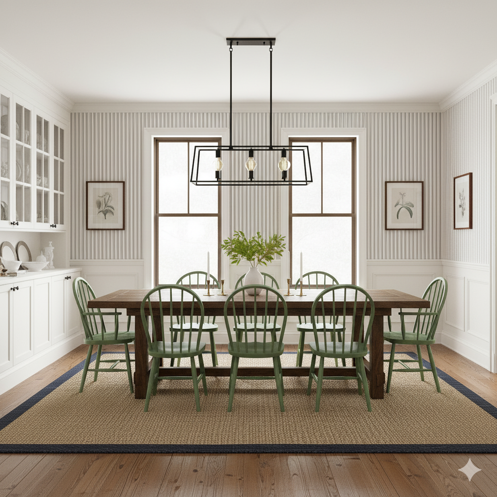 Pinstripe wallpaper with a subtle striped pattern, covering the dining room walls.
