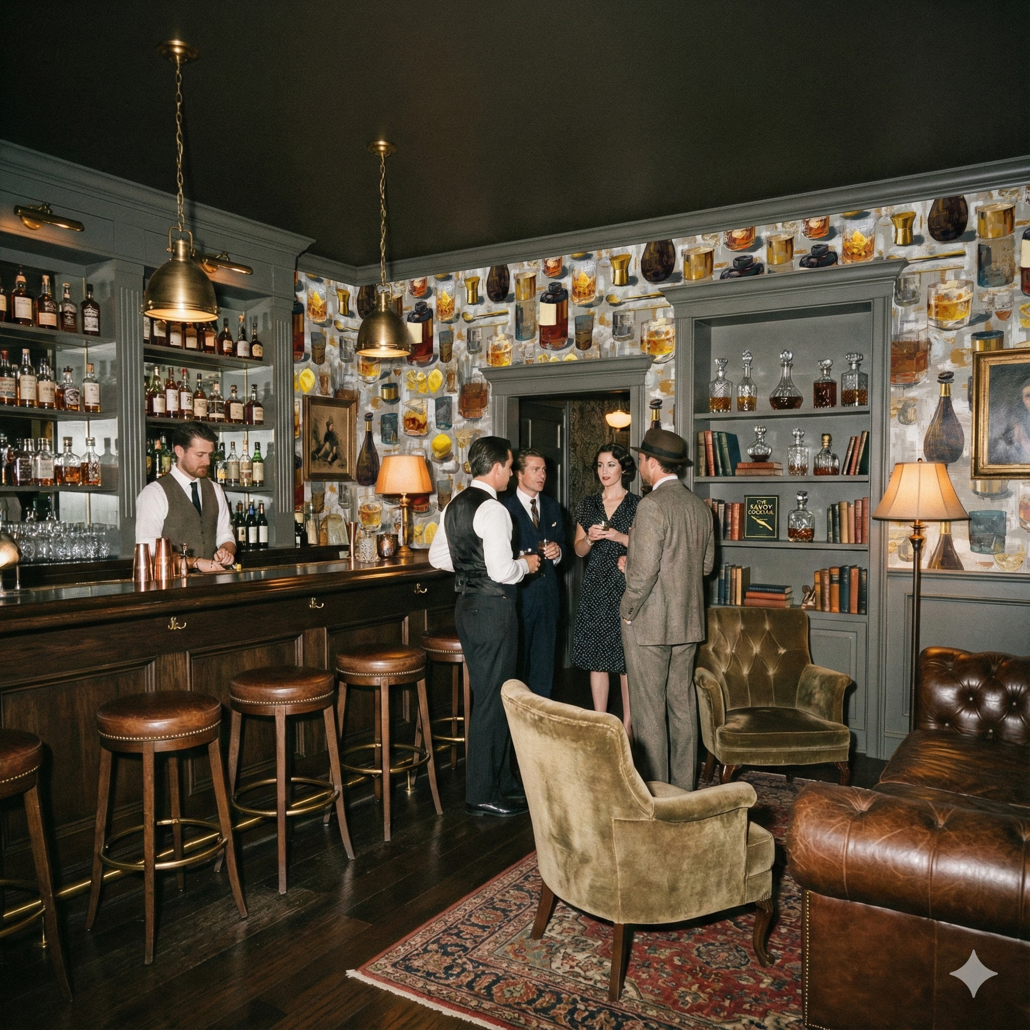 Highball Atelier wallpaper with a drinks pattern, covering the walls of a dimly lit bar.
