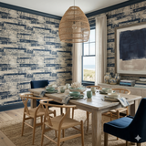 Distressed wallpaper with a horizontal stripe pattern by Harborline, featuring a navy and beige color palette.
