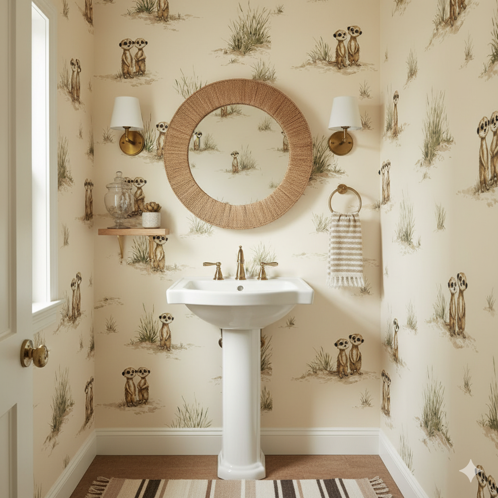 Kalahari Kin wallpaper with meerkat pattern, animal and grass illustrations throughout the wallpaper.