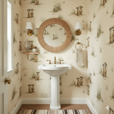 Kalahari Kin wallpaper with meerkat pattern, animal and grass illustrations throughout the wallpaper.