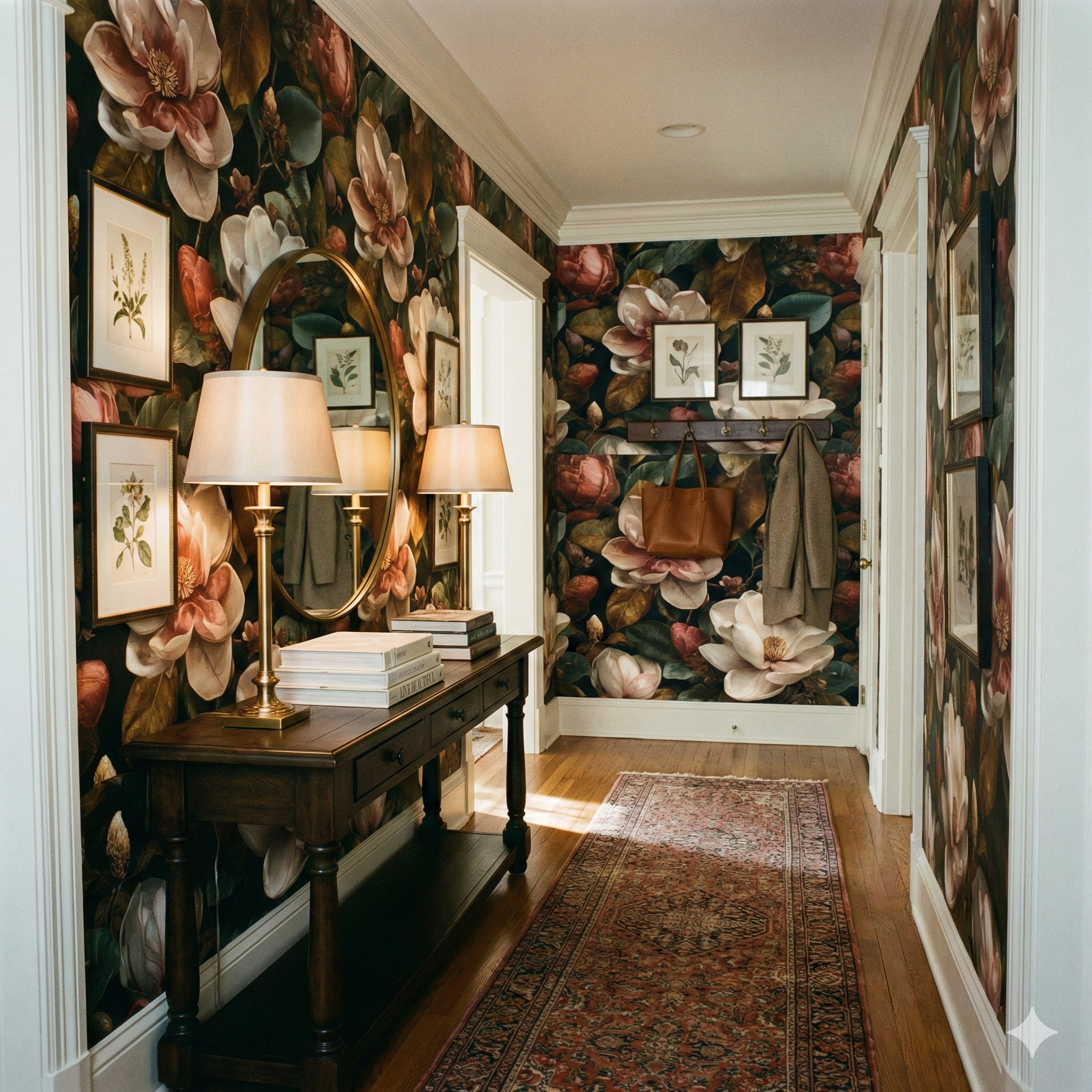 Heirloom Bloom Wallpaper with floral magnolia pattern on a dark background.
