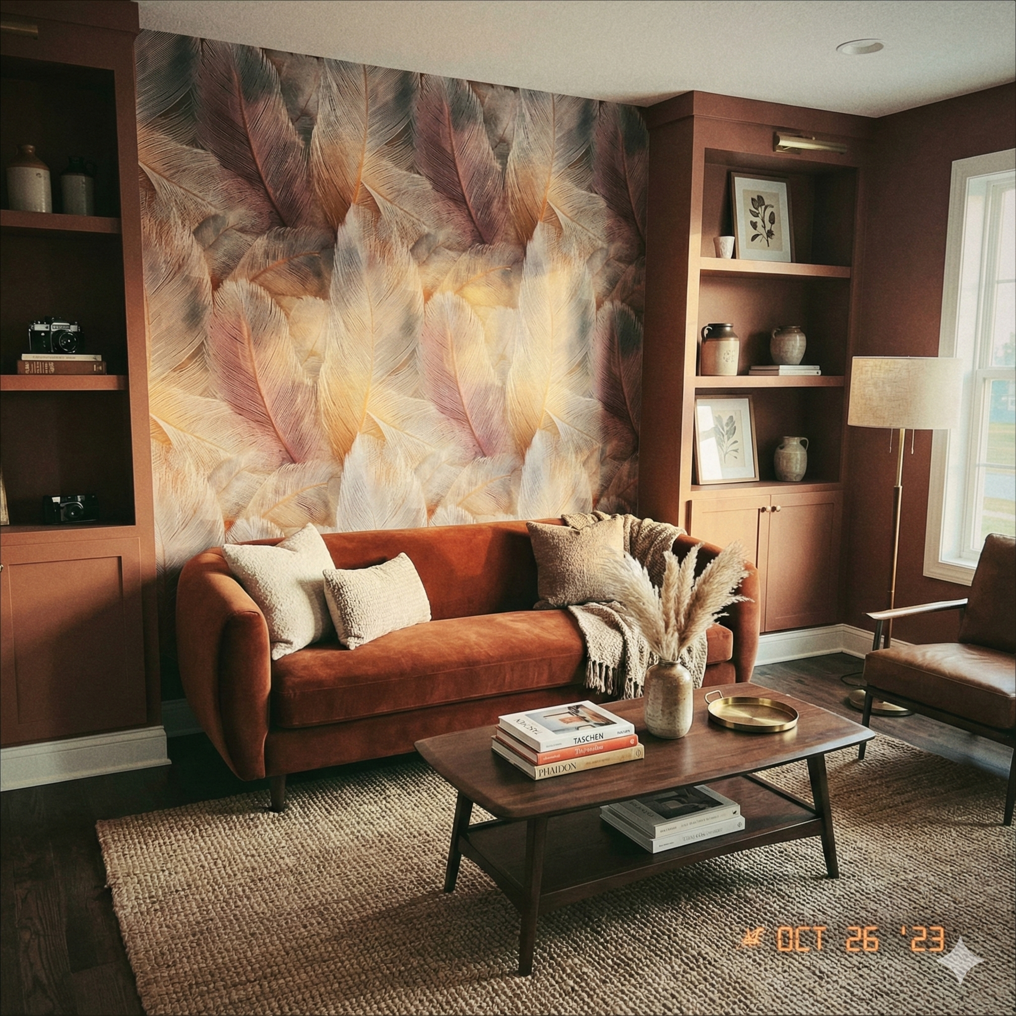 Cinderdown Quill Wallpaper with feather pattern and textured design.
