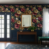 Floral print wallpaper with dark blue backdrop, from About Murals, featuring red and white hibiscus blossoms.
