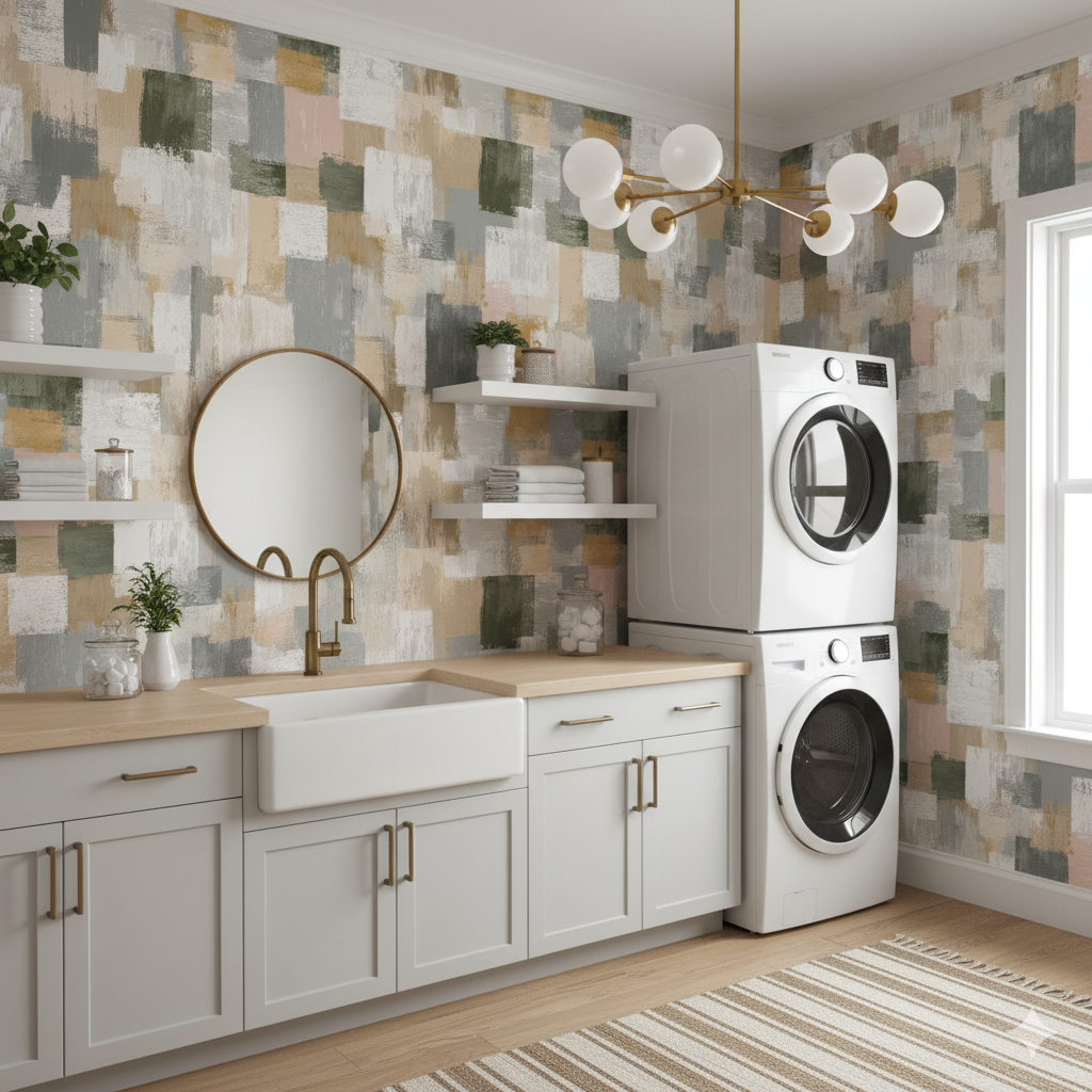 Prairie Grid wallpaper with a geometric block pattern and neutral tones, visible on a laundry room wall.
