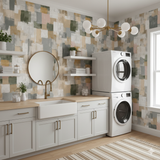 Prairie Grid wallpaper with a geometric block pattern and neutral tones, visible on a laundry room wall.
