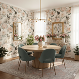 Patterned wallpaper featuring bulldogs and floral designs.