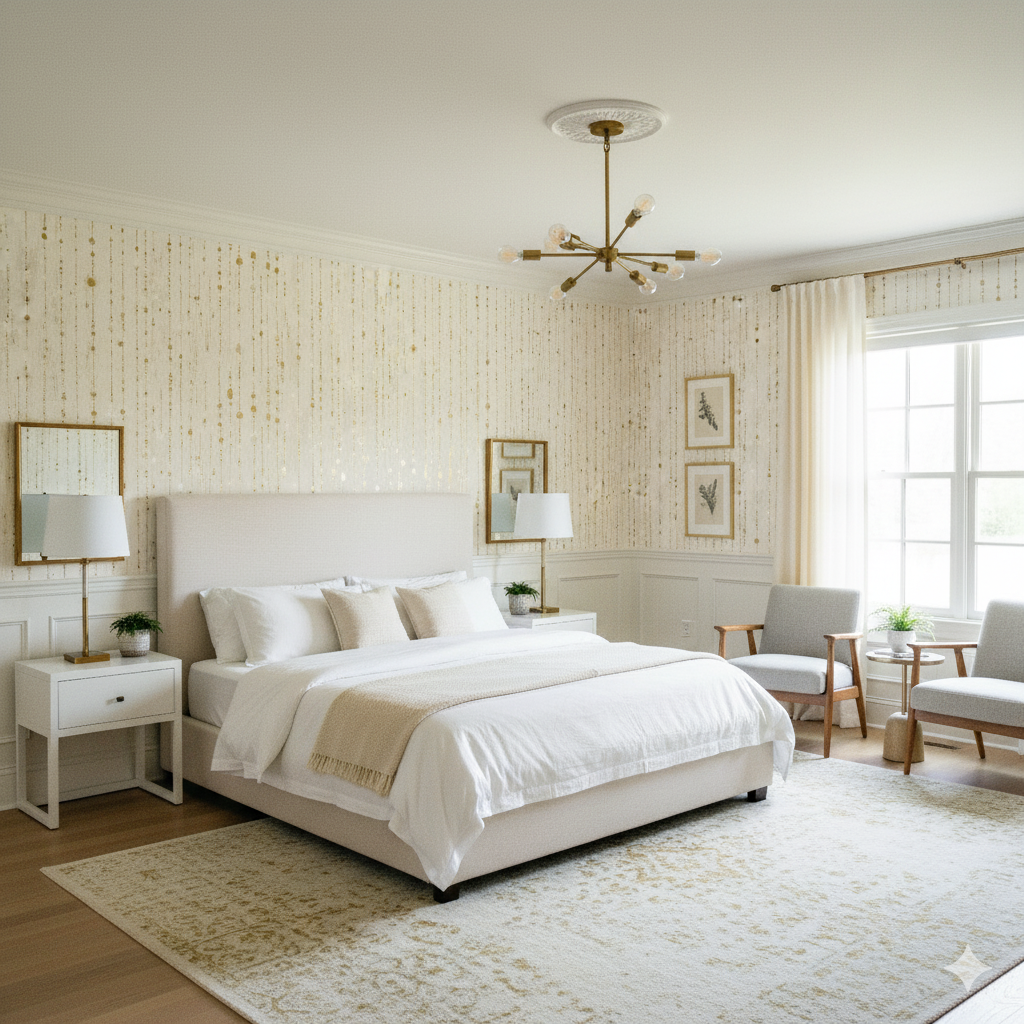 Aurelia Cascade wallpaper with gold accents, covering a bedroom wall behind a neatly made bed.