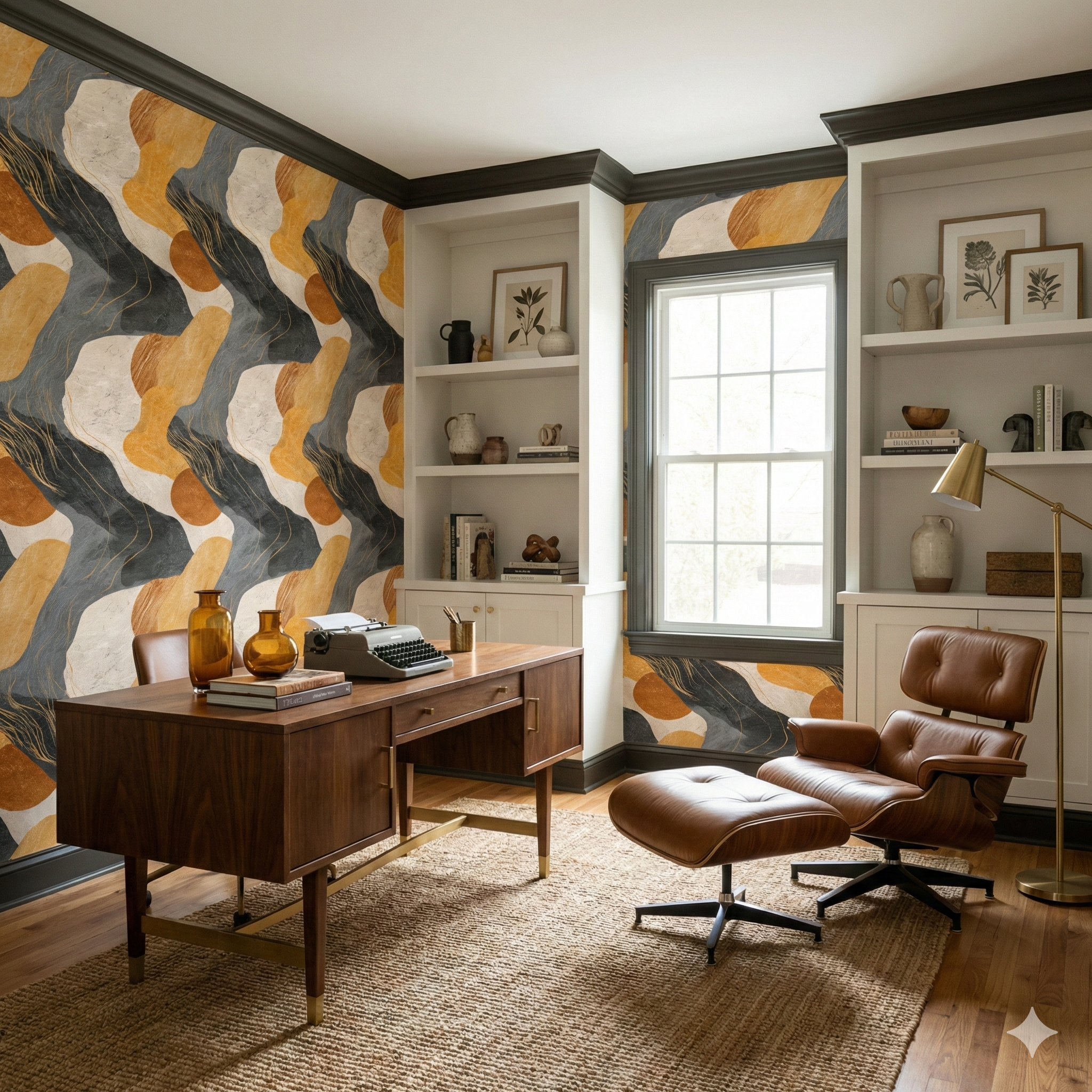 Abstract patterned wallpaper with golden accents, featuring curving shapes and neutral tones.