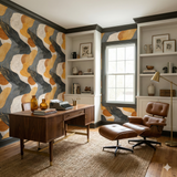 Abstract patterned wallpaper with golden accents, featuring curving shapes and neutral tones.