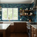 Blue tile wallpaper with brick pattern by Tide, in a kitchen setting.