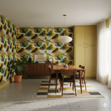Patterned wallpaper featuring green and yellow bird illustrations, styled in a dining room with furniture.