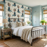 Wrenfield Daisie Wallpaper with a repeating girl and daisy pattern on a white background.