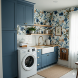 Floral Fenwick Blossoms Wallpaper, from Wallshoppe, featuring blue and tan flower pattern in a laundry room setting.