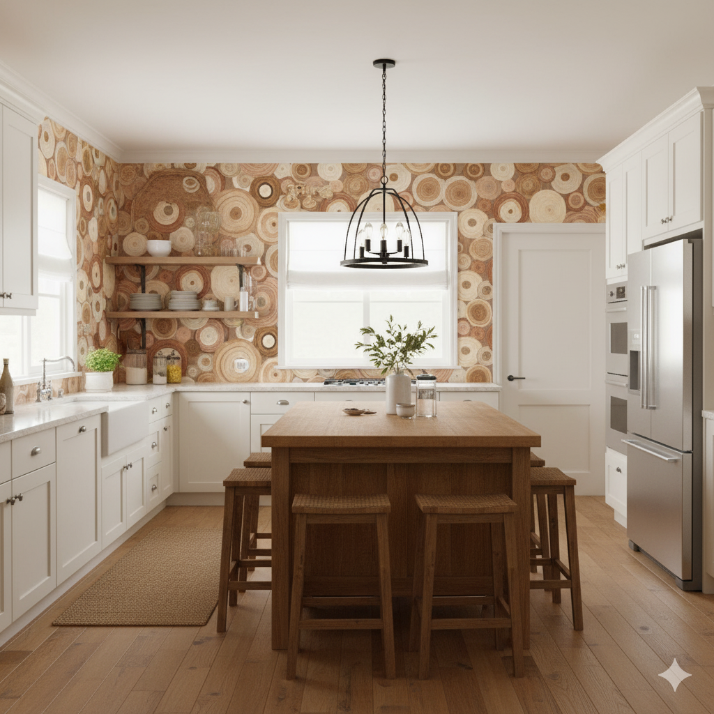 Crosscut Echo wallpaper with a woodgrain pattern featuring light and dark browns, applied to a kitchen setting.