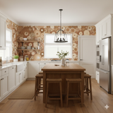 Crosscut Echo wallpaper with a woodgrain pattern featuring light and dark browns, applied to a kitchen setting.
