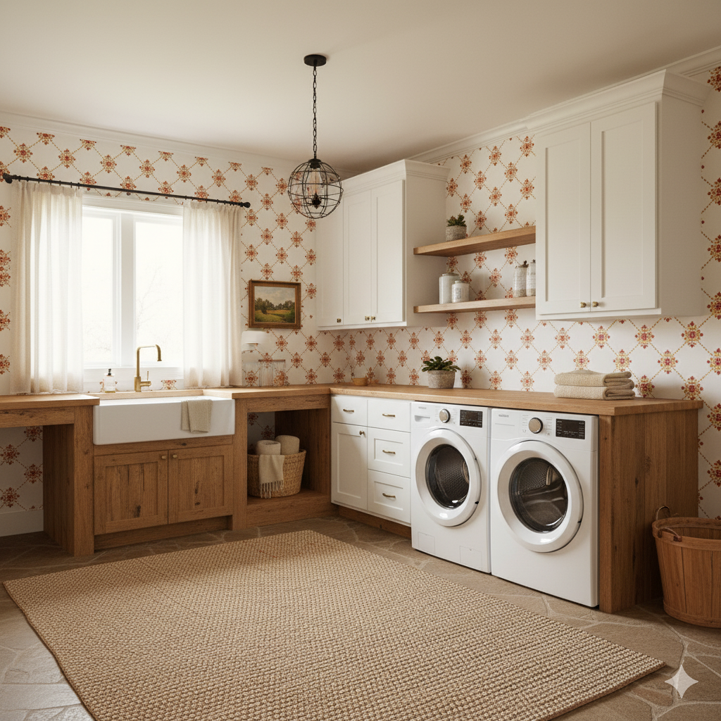 Santa Fe Lattice Wallpaper with patterned design covering the walls, in a laundry room setting.
