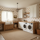 Santa Fe Lattice Wallpaper with patterned design covering the walls, in a laundry room setting.
