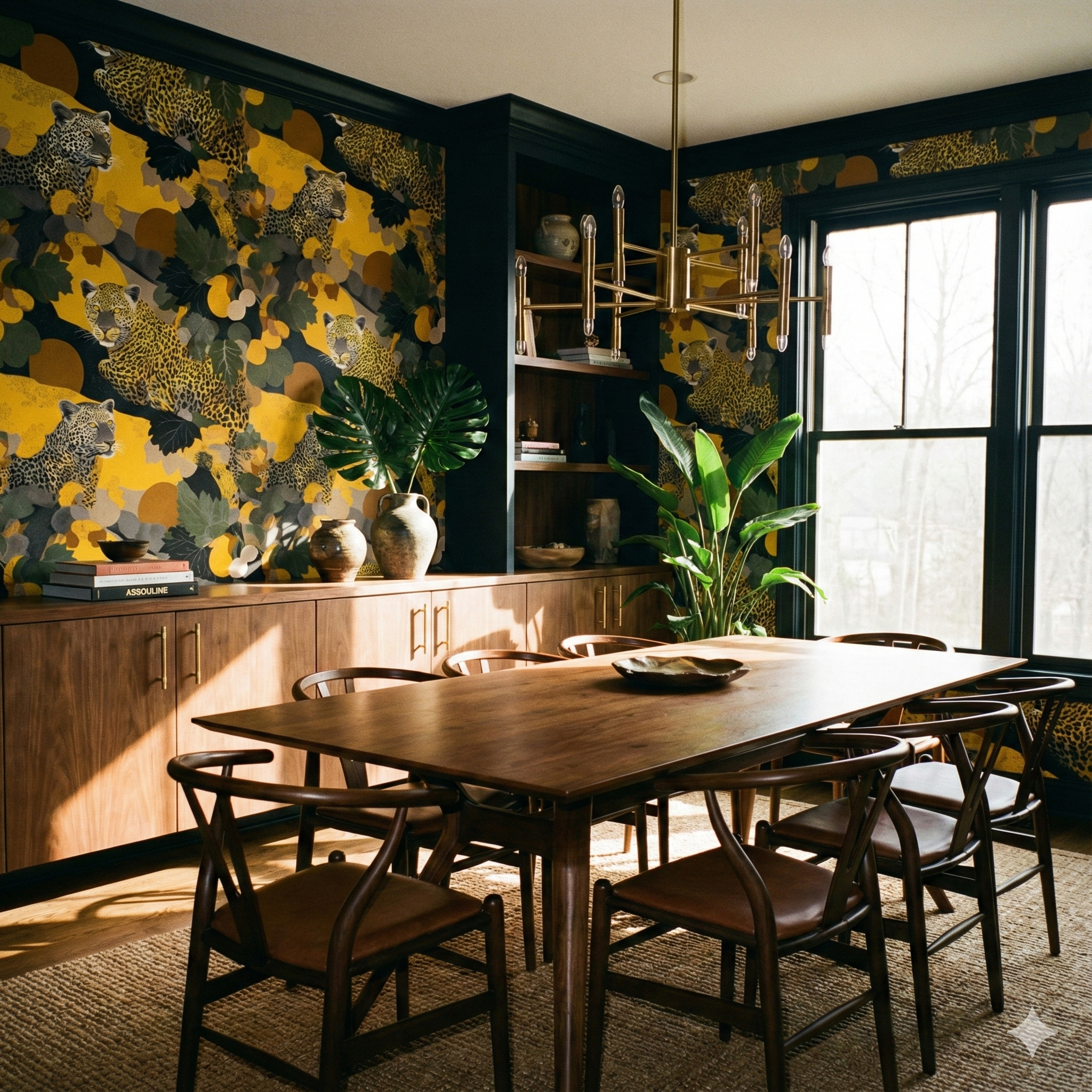 Patterned wallpaper with leopard print by York Wallcoverings, covering the upper half of a dining room.

