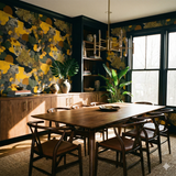 Patterned wallpaper with leopard print by York Wallcoverings, covering the upper half of a dining room.
