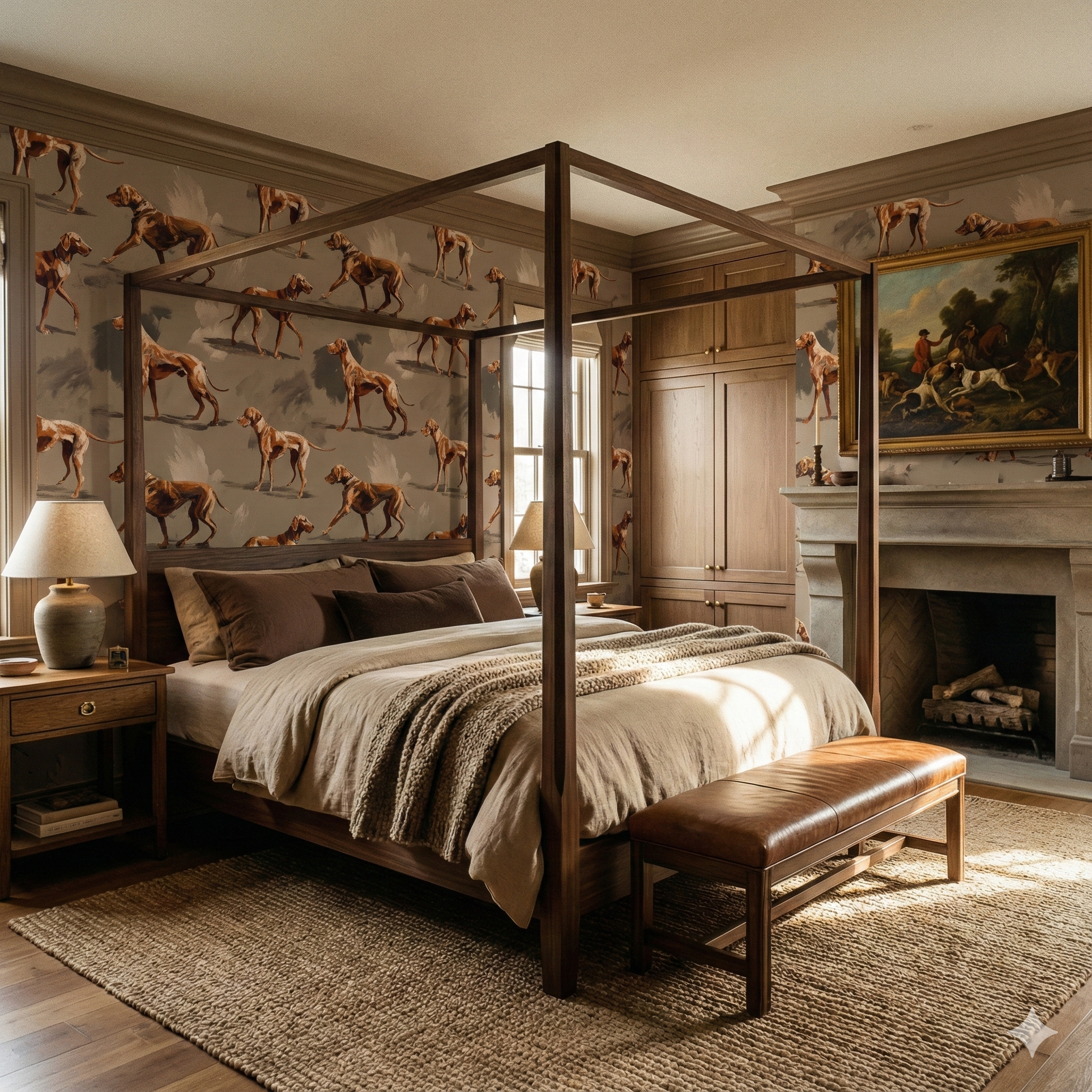 Russet wallpaper with dog pattern, featuring a subtle color palette with hunting scene painting.