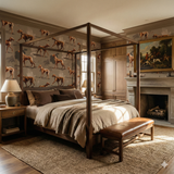 Russet wallpaper with dog pattern, featuring a subtle color palette with hunting scene painting.