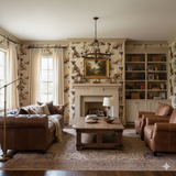Kingdom of Sol wallpaper with dog pattern, decorating a room with leather furniture and fireplace.