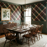 Patterned wallpaper in a plaid design with green, maroon, and tan accents.
