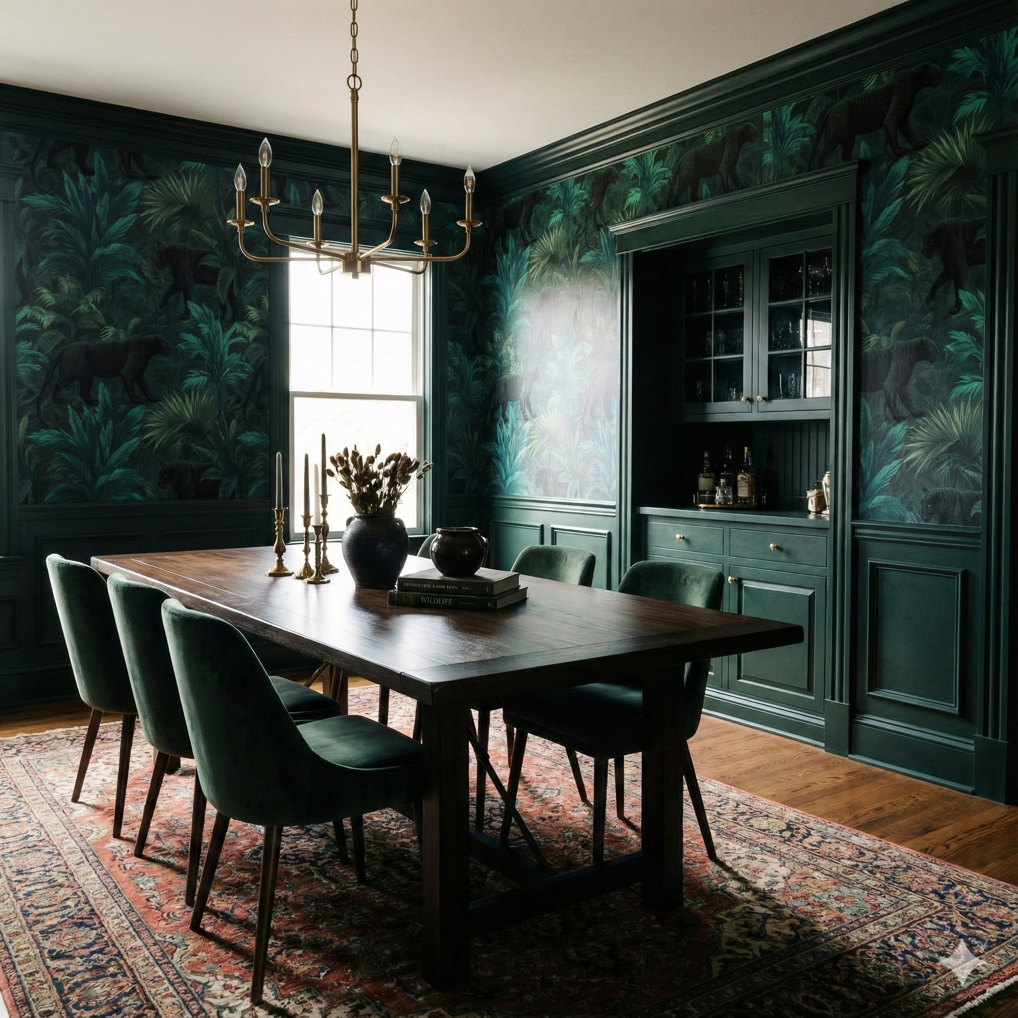 Blackthorn Mirage Wallpaper with lush green tropical design, featuring panther wildlife motifs.