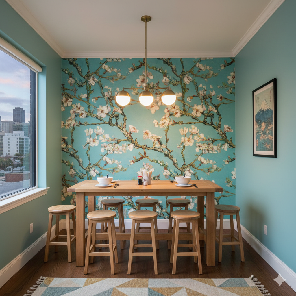 Skyward Blossoms Wallpaper featuring a blossoming tree design on a light blue backdrop.
