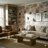 Laureline Canopy wallpaper with botanical patterns, displayed on the walls of a living room.
