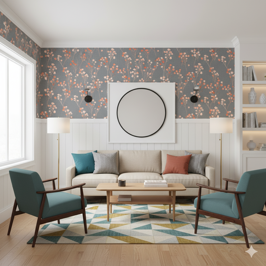 Blush Hawthorne Wallpaper with floral pattern on gray background.