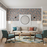 Blush Hawthorne Wallpaper with floral pattern on gray background.
