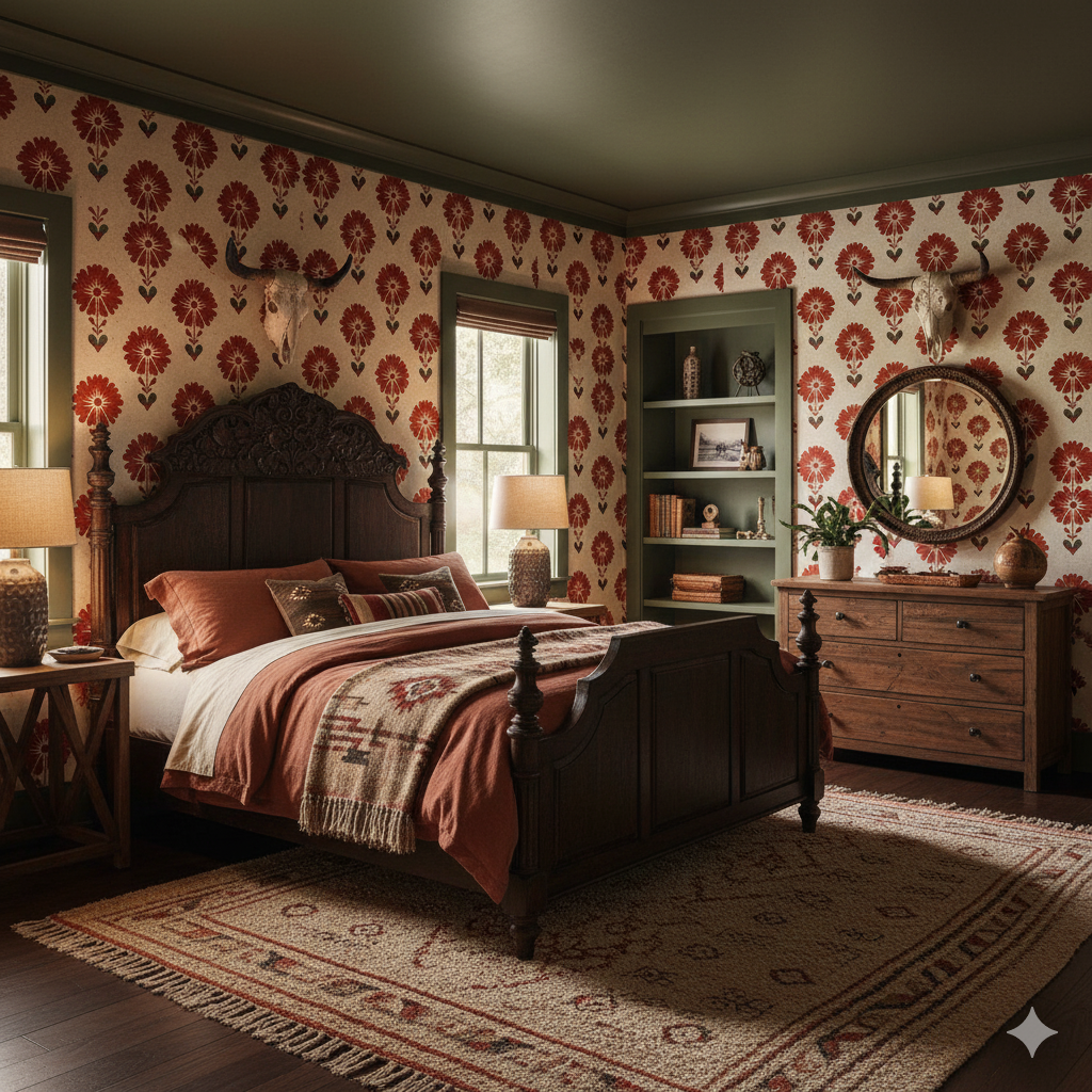 Red floral Ciderfolk Wallpaper featuring a pattern of repeating flowers and hearts on an off-white textured background.