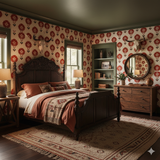 Red floral Ciderfolk Wallpaper featuring a pattern of repeating flowers and hearts on an off-white textured background.