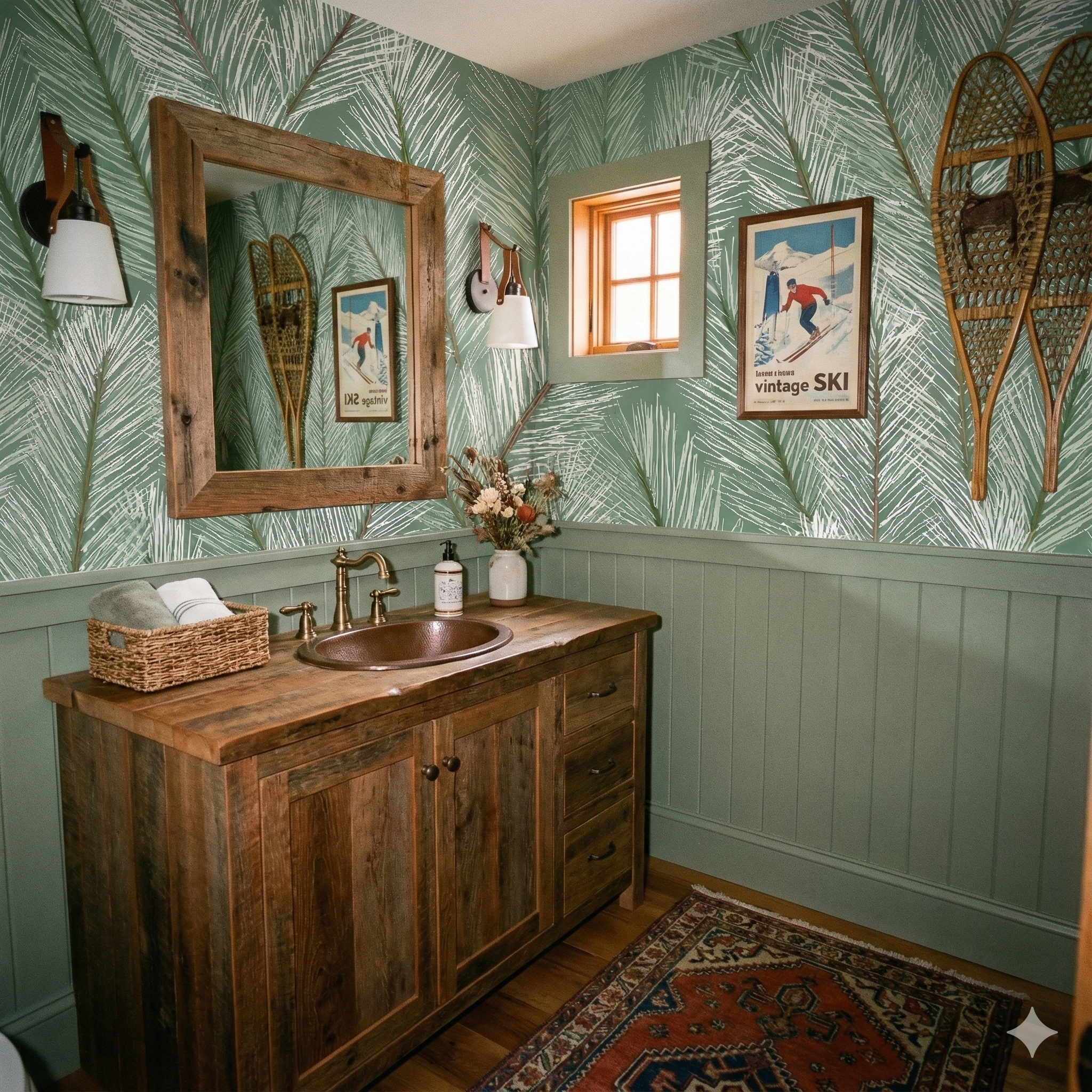 Evergreen Vale Wallpaper with a leafy palm pattern, shown installed in a bathroom with rustic wood vanity.