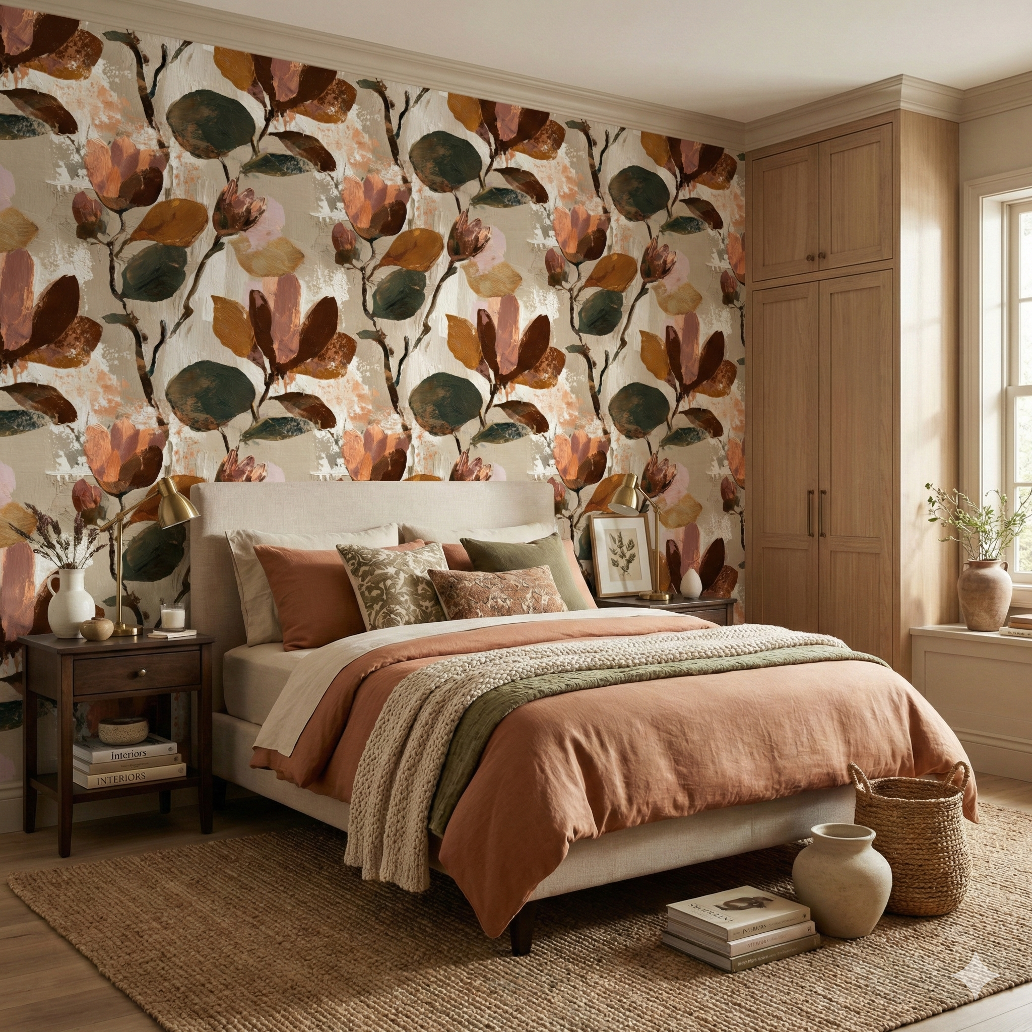 Floral design Wild Bloom Wallpaper with earth tone leaf pattern, covering bedroom wall.