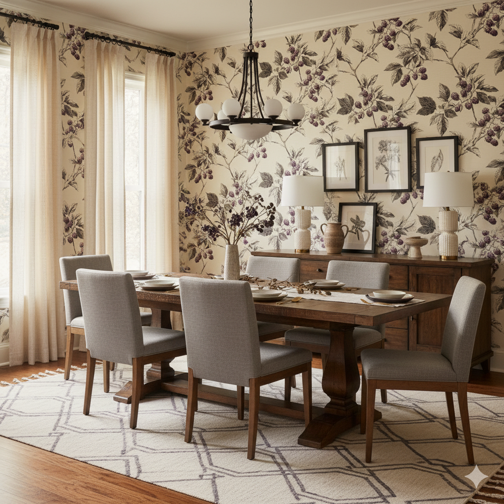 Floral Brambleroot Wallpaper with berry and leaf design, covering the dining room wall.