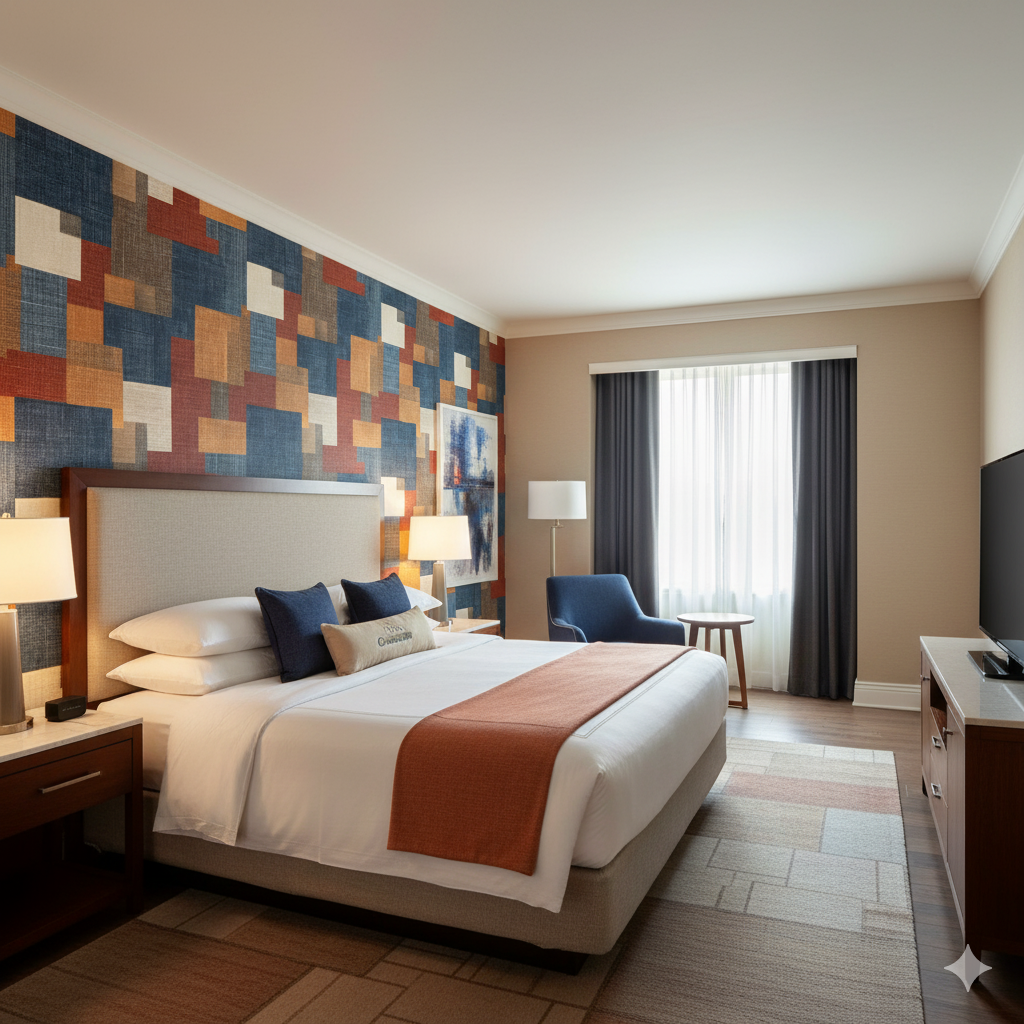 Geometric Claybourne Wallpaper by York Wallcoverings with a colorful block pattern in navy, rust, and tan.