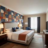 Geometric Claybourne Wallpaper by York Wallcoverings with a colorful block pattern in navy, rust, and tan.