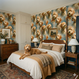 Maple Collar Wallpaper with a dog pattern on a blue textured backdrop.