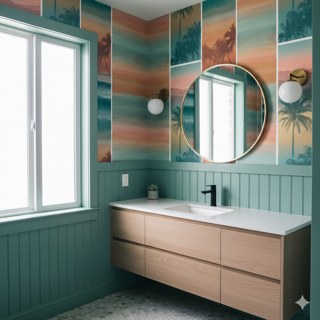Pacific Mirage wallpaper with palm tree pattern, above light green wainscoting.
