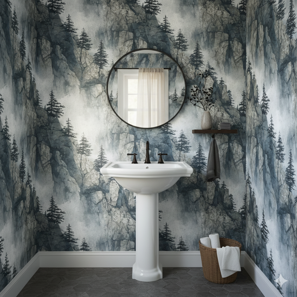 Granite Hollow Wallpaper featuring a misty mountain scene, and pine tree pattern.