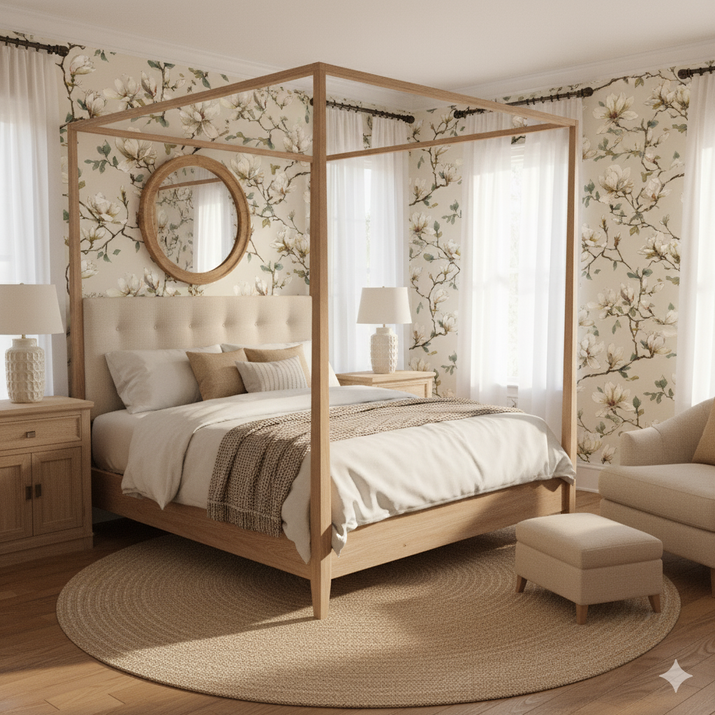 Magnolia Murmurs Wallpaper with floral pattern, covering a bedroom with natural wood accents.

