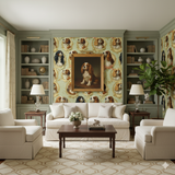 Regency Spaniel Wallpaper with repeating dog portrait pattern, in a traditionally styled, green toned room.
