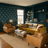 Patterned wallpaper in dark teal by York Wallcoverings, with floral design and vintage style.