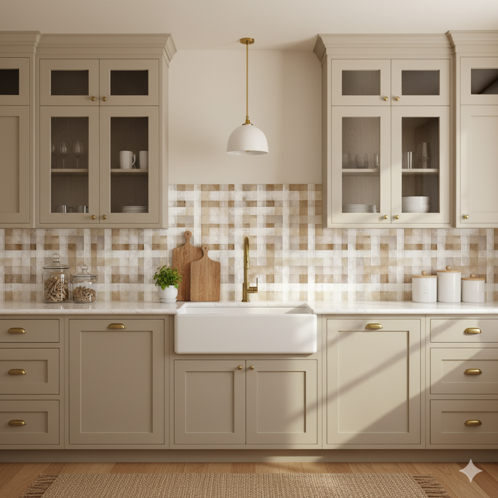 Check patterned wallpaper, Claybourne Check Wallpaper, featuring a grid design with varied brown and beige tones.