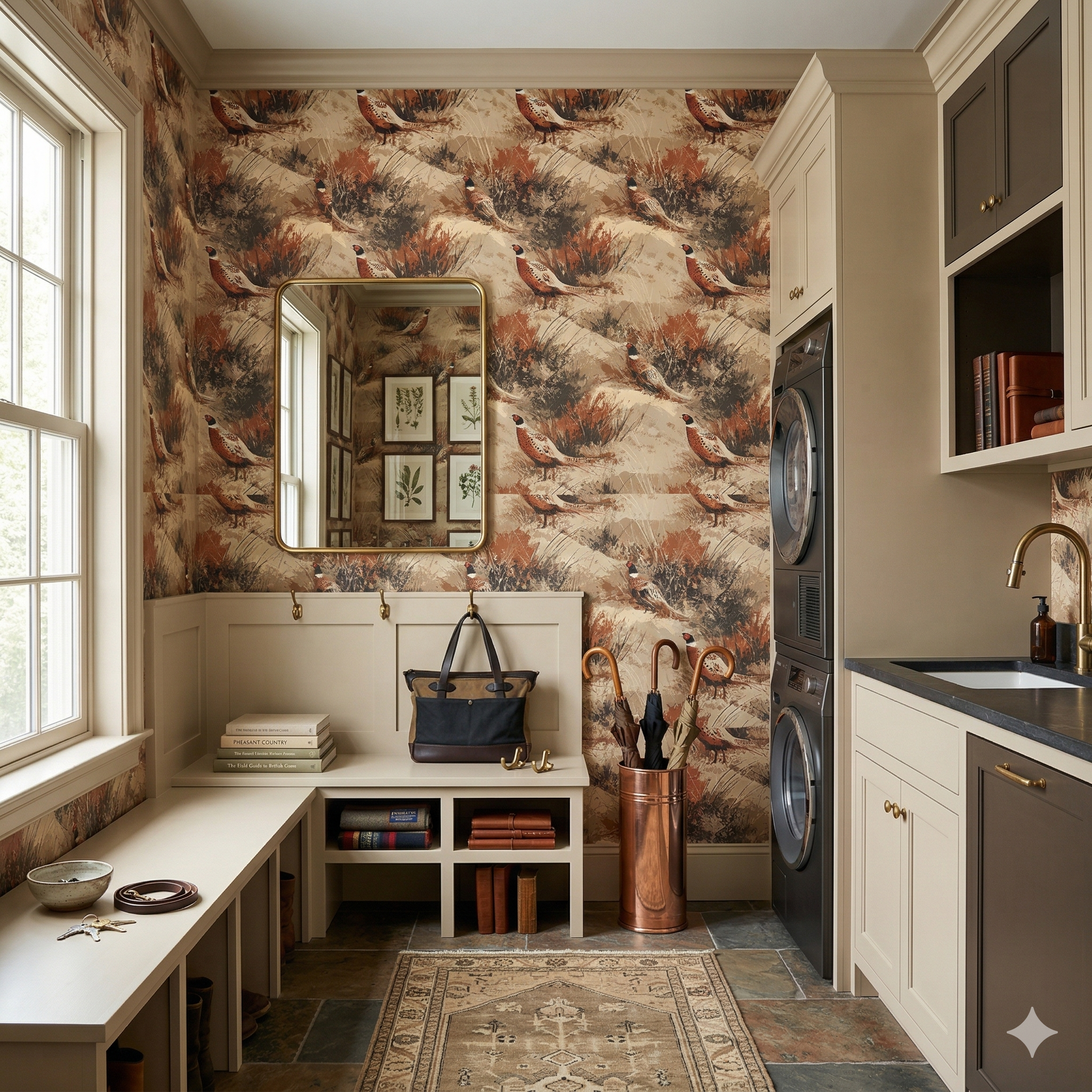 Highmoor Passage Wallpaper with pheasant pattern, textured finish, and neutral tones visible on the wall.